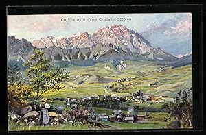 Künstler-Ansichtskarte Hans Treiber: Cortina d`Ampezo, Panorama mit Monte Cristallo