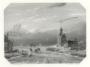 DUTCH WINTER SCENE OF 1740,PULLING A SLED NEAR Dutch Church