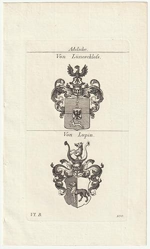 Adeliche: Von Lünenschloss / Von Lupin. Original-Kupferstich mit 2 Wappen. Lünenschloß