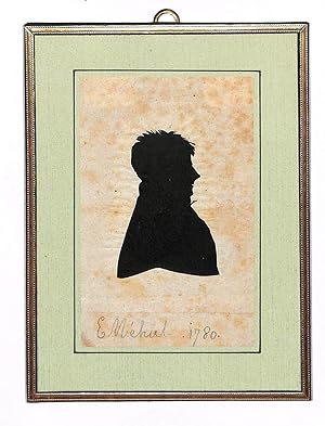 Imagen del vendedor de Geschnittene Portrtsilhouette aus schwarzem Glanzpapier, auf Papier aufgelegt, Profil nach rechts, in Bleistift bez. "E Mhul. 1780". a la venta por Eberhard Kstler Autographen&Bcher oHG