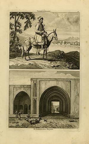 Antique Print-A man on horseback with a nargileh-A view of Majaer-De Bruyn-1711