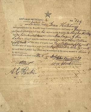CERTIFYING GREEN HUTCHINGS' RIGHTS TO ONE LEAGUE AND ONE LABOR OF LAND IN THE COUNTY OF JASPER, R...