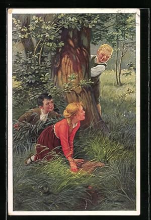 Seller image for Knstler-Ansichtskarte R. Borrmeister: Versteck, Frecher Bube versteckt sich vor Spielkameraden hinter einem Baum for sale by Bartko-Reher