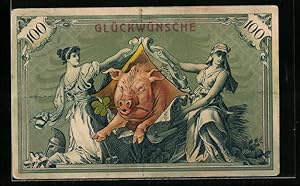 Ansichtskarte Geldschein mit Präsentation eines Glücksschweins