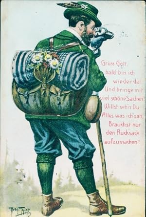 Leporello Künstler Ansichtskarte / Postkarte Thiele, Arthur, Wanderer mit Rucksack und Fernglas -...
