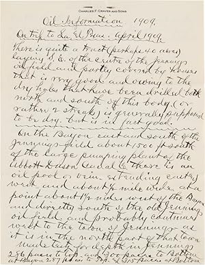 [AUTOGRAPH REPORT, SIGNED, ENTITLED "OIL INFORMATION 1909," DETAILING AN OKLAHOMA OIL MAN'S DISCO...