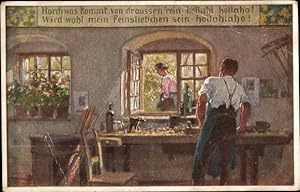 Image du vendeur pour Knstler Ansichtskarte / Postkarte Hey, Paul, Volksliederkarte Nr. 57, Horch was kommt von drauen rein, Tischler, Novitas mis en vente par akpool GmbH