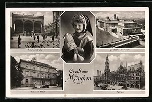 Bild des Verkufers fr Ansichtskarte Mnchen, Deutsches Museum, Braunes Haus mit , Feldherrnhalle zum Verkauf von Bartko-Reher