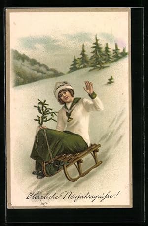 Bild des Verkufers fr Ansichtskarte Dame fhrt auf einem Schlitten talwrts zum Verkauf von Bartko-Reher