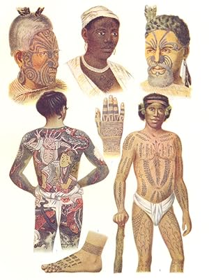 Tattooing; 1. Sudanese Negro woman; 2, 3. Maoris of New Zealand; 4. Caroline Islander; 5, 6. Hand...