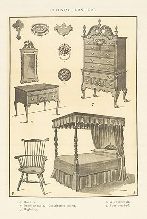 COLONIAL FURNITURE. 1-5. Handles. 6. Dressing table,-Constitution mirror. 7. High-boy. 8. Windsor...