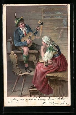 Bild des Verkufers fr Ansichtskarte Gitarrist mit Tirolerhut bringt einer Dame ein Stndchen zum Verkauf von Bartko-Reher