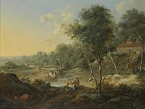 "AN EXTENSIVE WOODED LANDSCAPE WITH FIGURES BY A FORD" (Oil on Canvas)