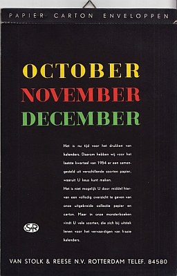 October - November - December 1954. (Kalender).