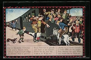 Bild des Verkufers fr Knstler-Ansichtskarte Hans Boettcher: Bauer bindet Ziege an schwbische Eisenbahn zum Verkauf von Bartko-Reher