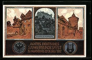 Ansichtskarte Nürnberg, Sängerfest 1912, Festpostkarte mit Ansichten der Burg, Reichsadler und Ly...