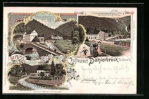 Lithographie Dahlerbrück a. d. Volme, Hote-Restaurant von A. Henke mit Bahnhof