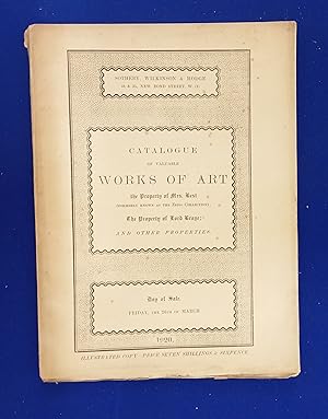 Seller image for Catalogue of valuable works of art, comprising important bronzes, statuary, majolica and furniture of the Italian Renaissance; German wood carvings; Oriental rugs, etc., the property of Mrs. Best (formerly known as the Zeiss collection) . A.C. Godfrey .Tapestry Maps from the Sheldon Looms, c. 1590 the property of G. Birkbeck . the Marquess of Lansdowne .A Jacobean Cabinet, with panels painted by David Teniers, and other valuable furniture; Flemish Tapestries; Old Chelsea and Worcester Porcelain; Irish Seal Matrices; Commonwealth and Charles II Silver ; A Remarkable Stained Glass Window in five panels, with portraits of Henry VII and Elizabeth of York, the property of Lord Braye . the Earl of Leicester . Dowager Lady Cankerville [ Sotheby, Wilkinson & Hodge, auction catalogue, sale date: 26 March 1920 ]. for sale by Wykeham Books