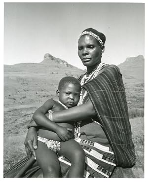 [Original Gelatin Silver Print Portrait Photograph of a Zulu Tribeswoman and Child]