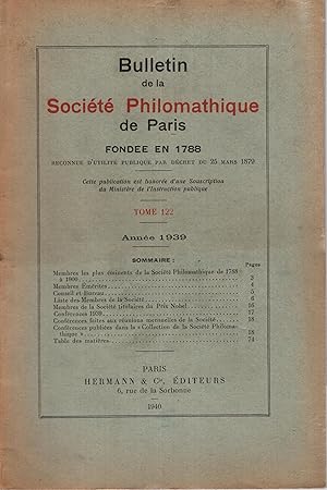 Seller image for Bulletin de la Socit Philomatique de Paris fonde en 1788 tome 122 - anne 1939 for sale by PRISCA