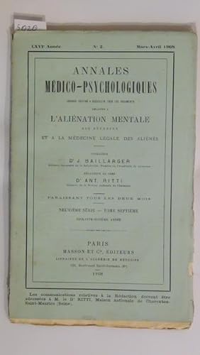 Image du vendeur pour Annales mdico-psychologiques n 2 Mars - Avril 1908 mis en vente par PRISCA