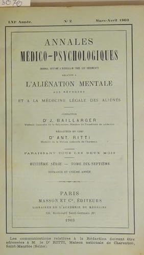 Bild des Verkufers fr Annales mdico-psychologiques n 2 Mars - Avril 1903 zum Verkauf von PRISCA