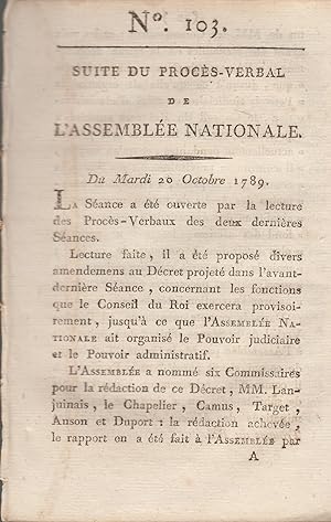 Seller image for Suite du Procs -Verbal de L'Assemble Nationale. Du Mardi 20 Octobre 1789. N 103 for sale by PRISCA