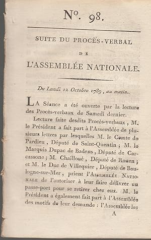 Seller image for Suite du procs -Verbal de L'Assemble Nationale. Du Lundi 12 Octobre 1789, au matin. N 98 for sale by PRISCA