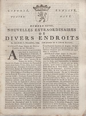 Seller image for Nouvelles extraordinaires de divers endroits numro XCVIII (MARDI 8 DECEMBRE 1795) - - Bien complet du Supplment for sale by PRISCA