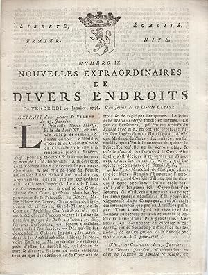 Bild des Verkufers fr Nouvelles extraordinaires de divers endroits numro IX (VENDREDI 29 JANVIER 1796) - - Bien complet du Supplment zum Verkauf von PRISCA