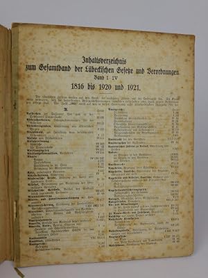 Seller image for Inhaltsverzeichnis zum Gesamtbestand der Lbeckischen Gesetze und Verordnungen. Band I-IV. 1816 bis 1920 und 1921. for sale by ANTIQUARIAT Franke BRUDDENBOOKS