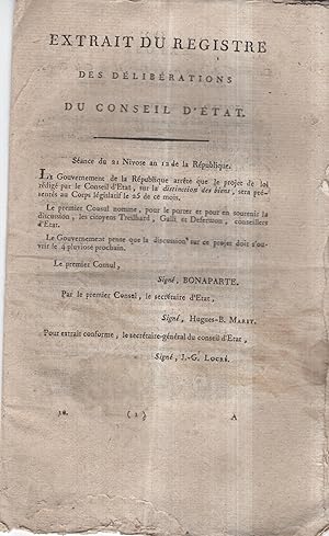 Imagen del vendedor de Extrait du registre des dliberations du Conseil d'tat. Sance du 21 nivse an 12. a la venta por PRISCA