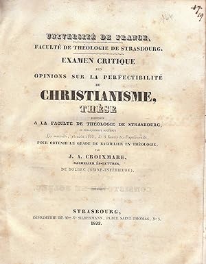 Bild des Verkufers fr Examen critique des opinions sur la perfectibilit du christianisme zum Verkauf von PRISCA
