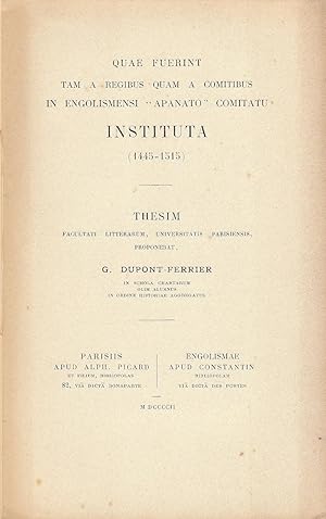 Imagen del vendedor de Quae fuerint tam a regibus quam a comitibus in engolismensi "apanato" comitatu instituta (1445-1515) a la venta por PRISCA