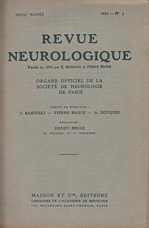 Image du vendeur pour Revue Neurologique - Organe Officiel de la Socit de Neurologie de Paris - XXVII anne - N 2 - 1920. mis en vente par PRISCA