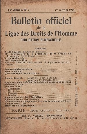 Bild des Verkufers fr Bulletin officiel de la Ligue des Droits de l'Homme. - 14 Anne - N 1 - 1er Janvier 1914. zum Verkauf von PRISCA