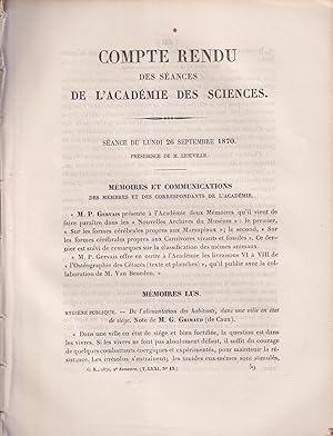 Bild des Verkufers fr Compte Rendu des Sances de l'Acadmie des Sciences. - Sance du lundi 26 Septembre 1870 et du lundi 3 Octobre 1870. zum Verkauf von PRISCA