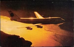 Ansichtskarte / Postkarte Pan Am's Boeing 747, Turbinenluftstrahlverkehrsflugzeug, Sonnenuntergang