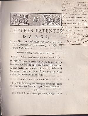 Seller image for Lettres Patentes du Roi, sur un Dcret de l'Assemble Nationale, concernant les Condamnations prononces pour raison des dlits & des crimes. - Donnes  Paris, au mois de Janvier 1790. - Transcrites en Parlement, en Vacations, le vingt-neuf Janvier audit an. for sale by PRISCA