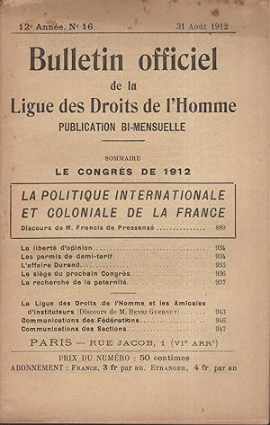 Immagine del venditore per Bulletin officiel de la Ligue des Droits de l'Homme. - 12 Anne - N 16 - 31 Aot 1912. venduto da PRISCA