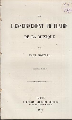 Seller image for De l'Enseignement Populaire de la Musique. for sale by PRISCA