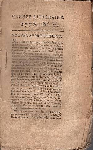 Image du vendeur pour L'anne littraire 1776 n 7 mis en vente par PRISCA