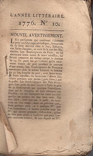 Image du vendeur pour L'anne littraire 1776 n 10 mis en vente par PRISCA