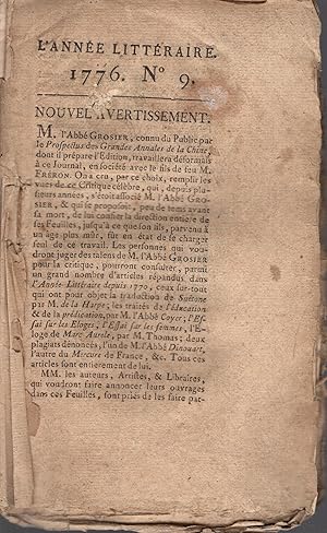 Image du vendeur pour L'anne littraire 1776 n 9 mis en vente par PRISCA