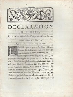 Seller image for Dclaration du roi, portant rappel des prtres decrets ou bannis : donne  Marly, le 15 juin 1771 : registre en Parlement, le dix-neuf juin 1771. for sale by PRISCA