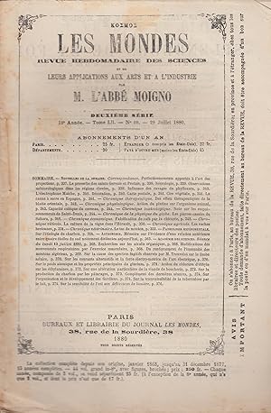 Seller image for Kosmos Les mondes; revue hebdomadaires des sciences et leurs applications aux arts et  l'industrie, 29 juillet 1880 for sale by PRISCA