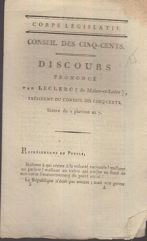 Seller image for Discours prononc par Leclerc (de Maine-et-Loire), prsident du Conseil des Cinq-Cents. Sance du 2 pluvise an VII. for sale by PRISCA