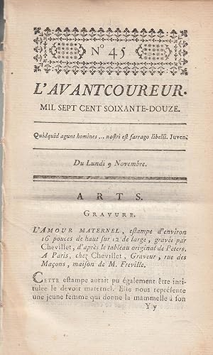 Image du vendeur pour L'Avantcoureur n 45 lundi 9 Novembre 1772 mis en vente par PRISCA