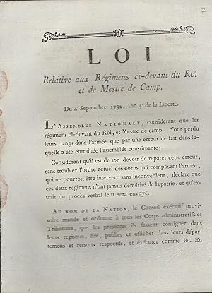 Seller image for Loi relative aux rgimens ci-devant du roi et de mestre de camp du 4 septembre 1792 . for sale by PRISCA