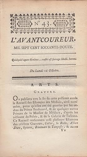 Image du vendeur pour L'Avantcoureur n 43 lundi 26 Octobre 1772 mis en vente par PRISCA